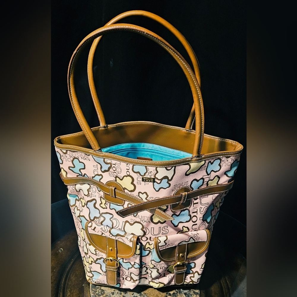 RARE TOUS Kaos Bear Print Leather Tote Bag Multicolor XL Shoulder Handbag